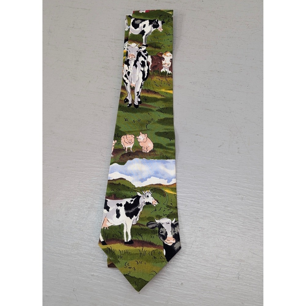 Intimate Power Vermont Handcrafted Necktie Cotton Farm Cows‎ Pigs Animal Print